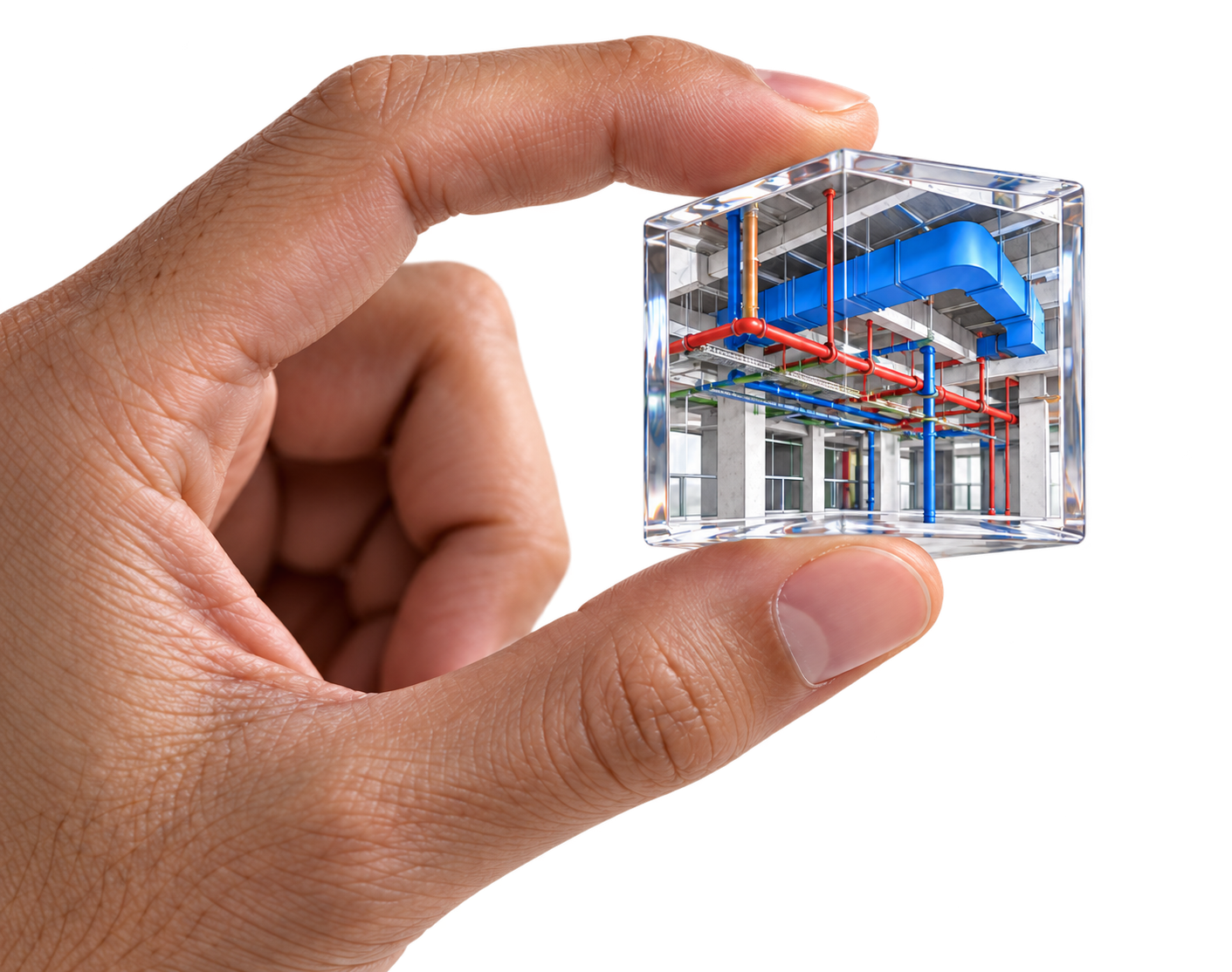 A hand holding a detailed MEP BIM model with coordinated ducts and pipes